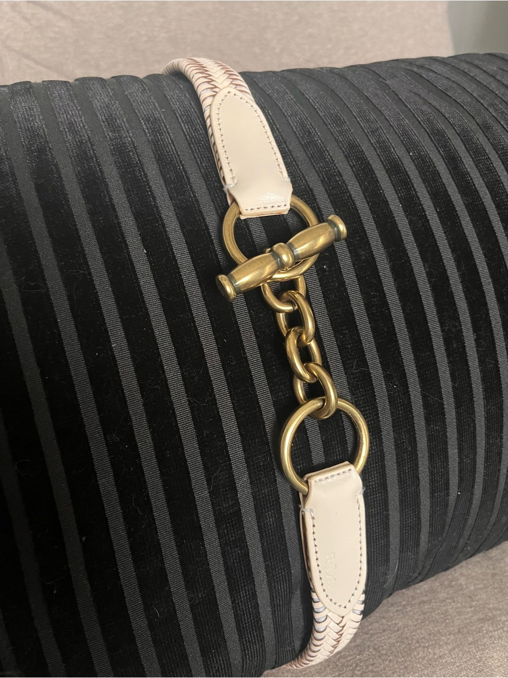 Lauren Ralph Lauren Cream Braided 100% Genuine Leather Belt with Brass Closure